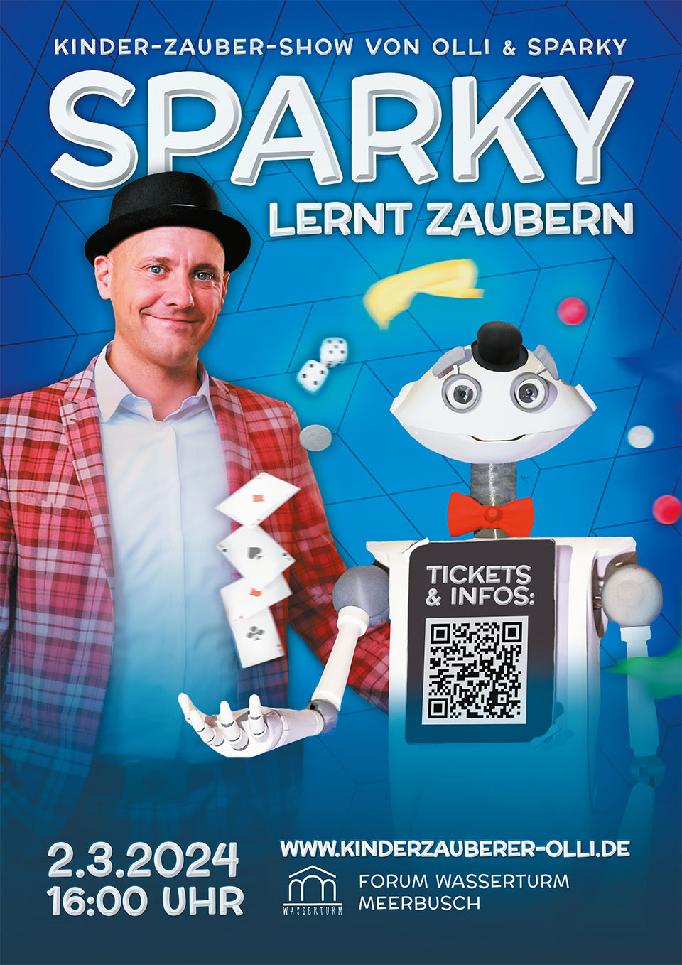 Das Plakat für das Kinder & Familienprogramm mit Kinderzauberer Olli und Roboter Sparky